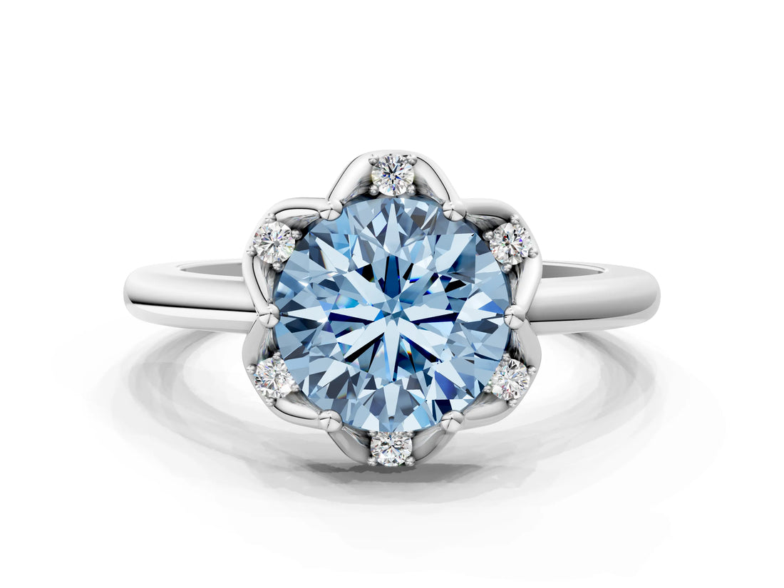 White gold Fancy Blue Round  Halo Diamond Ring with Round Cluster Setting, Solitaire Band, and Four-Prong Setting_49