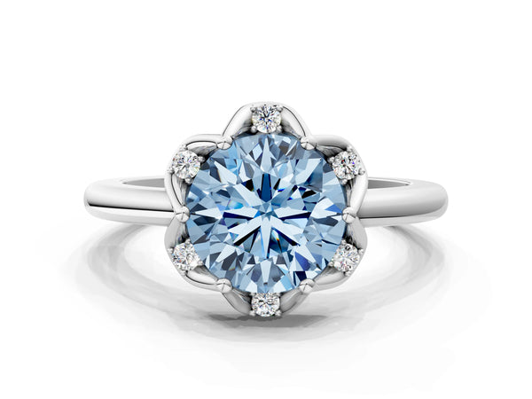 White gold Fancy Blue Round  Halo Diamond Ring with Round Cluster Setting, Solitaire Band, and Four-Prong Setting