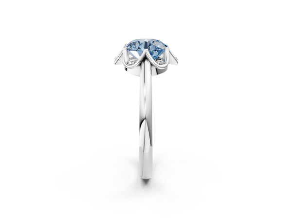 White gold Fancy Blue Round  Halo Diamond Ring with Round Cluster Setting, Solitaire Band, and Four-Prong Setting