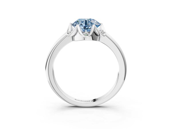 White gold Fancy Blue Round  Halo Diamond Ring with Round Cluster Setting, Solitaire Band, and Four-Prong Setting