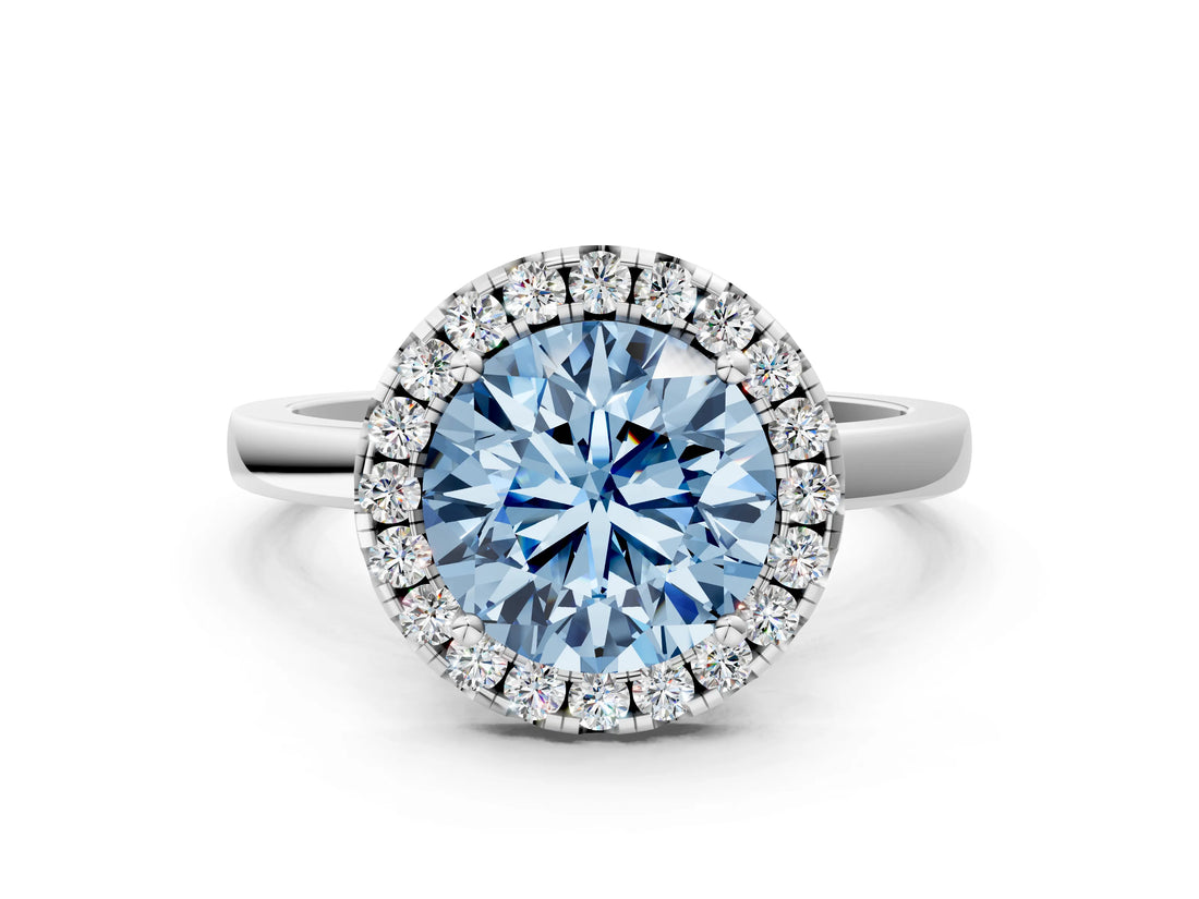 White gold Fancy Blue Round  Halo Diamond Solitaire with Pavé Band and Four-Prong Setting_103
