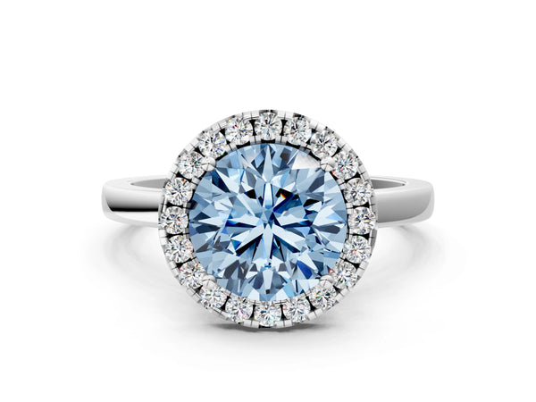 White gold Fancy Blue Round  Halo Diamond Solitaire with Pavé Band and Four-Prong Setting