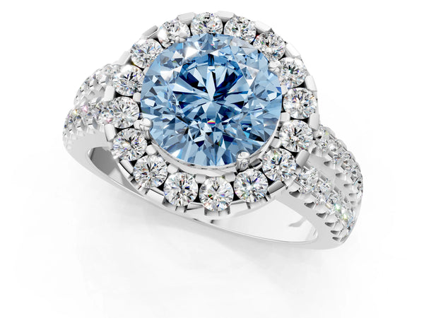 Platinum Fancy Blue Round  Halo Diamond Split Shank Engagement Ring with Prong Setting