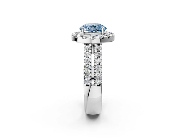 Platinum Fancy Blue Round  Halo Diamond Split Shank Engagement Ring with Prong Setting