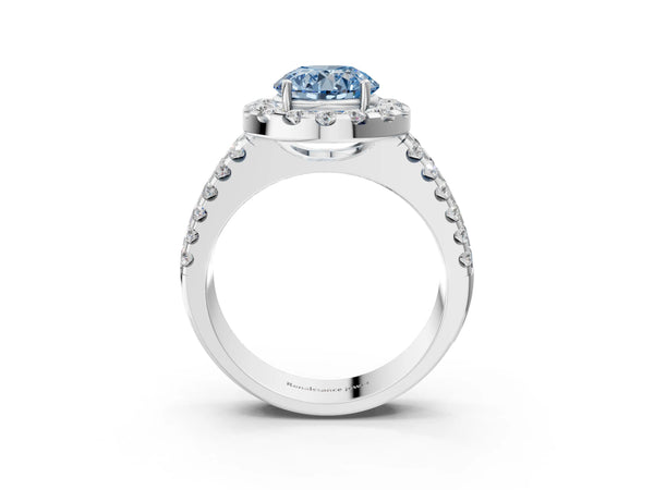 Platinum Fancy Blue Round  Halo Diamond Split Shank Engagement Ring with Prong Setting