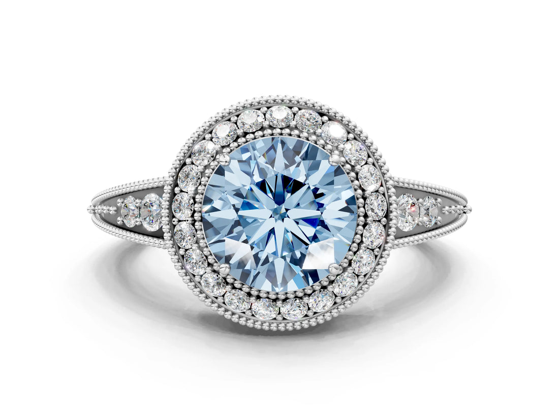 White gold Fancy Blue Round  Halo Diamond Split Shank Ring with Milgrain Detail_49