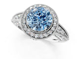 White gold Fancy Blue Round  Halo Diamond Split Shank Ring with Milgrain Detail_50