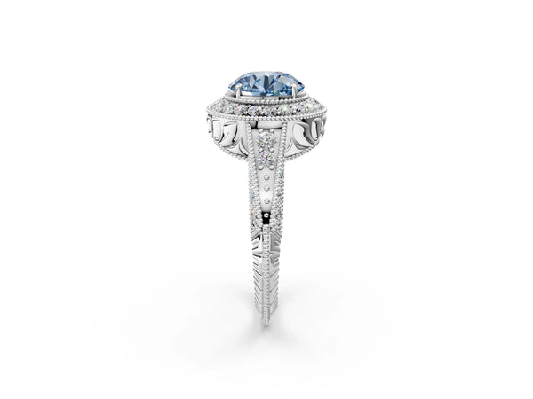 White gold Fancy Blue Round  Halo Diamond Split Shank Ring with Milgrain Detail