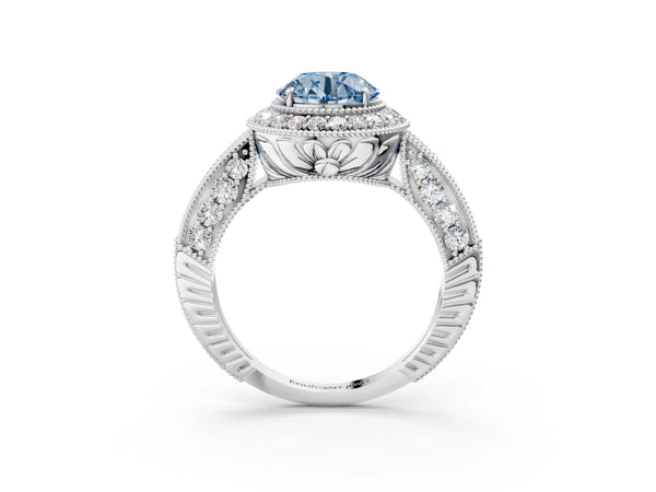 White gold Fancy Blue Round  Halo Diamond Split Shank Ring with Milgrain Detail