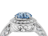 White gold Fancy Blue Round  Halo Diamond Split Shank Ring with Milgrain Detail_53