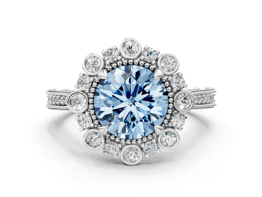 White gold Fancy Blue Round  Halo Milgrain Pave Diamond Ring with Four-Prong Setting