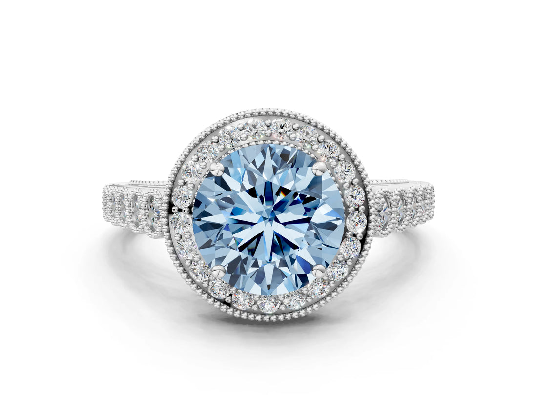 White gold Fancy Blue Round  Halo Milgrain Solitaire with Bezel Set Side Stones and Pave Band_32