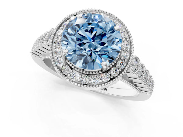 White gold Fancy Blue Round  Halo Milgrain Solitaire with Bezel Set Side Stones and Pave Band