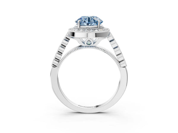 White gold Fancy Blue Round  Halo Milgrain Solitaire with Bezel Set Side Stones and Pave Band