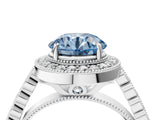 White gold Fancy Blue Round  Halo Milgrain Solitaire with Bezel Set Side Stones and Pave Band_36