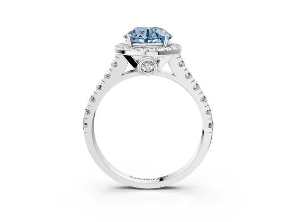 White gold Fancy Blue Round  Halo Pavé Diamond Engagement Ring with Four-Prong Setting