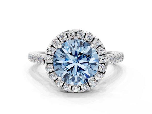 Platinum Fancy Blue Round  Halo Pavé Diamond Engagement Ring with Four-Prong Setting