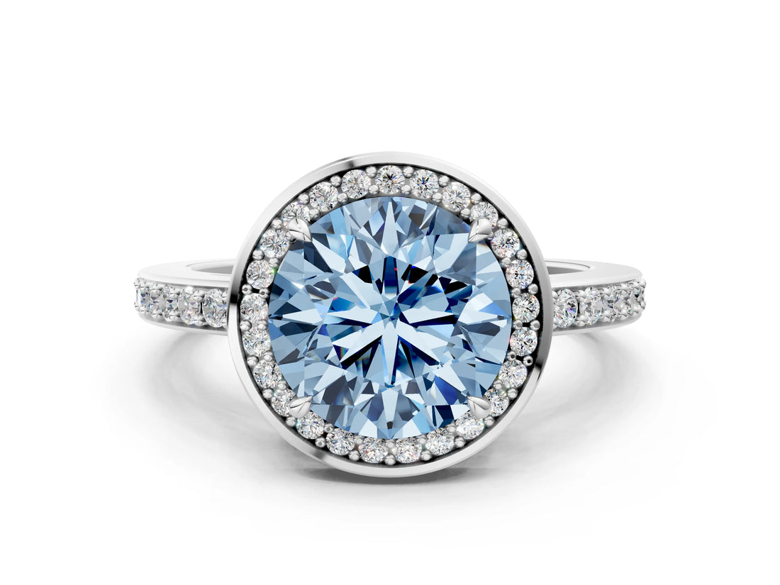 White gold Fancy Blue Round  Halo Pave Band Solitaire Ring with Prong Setting_65
