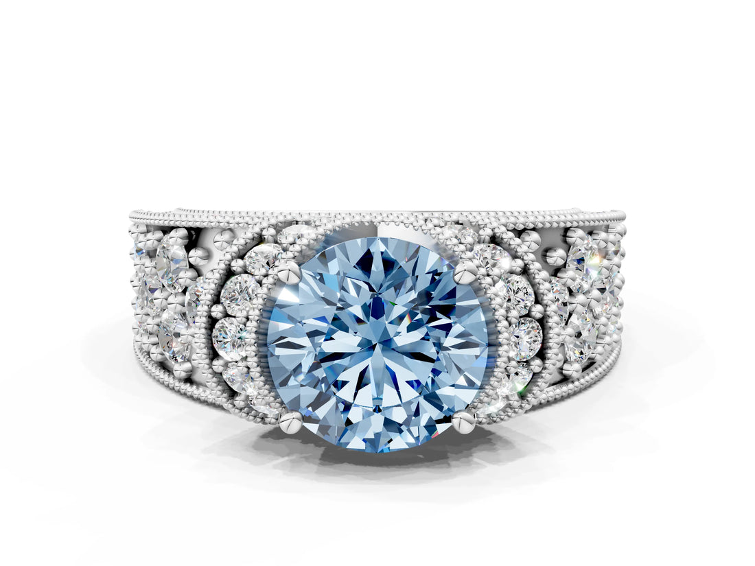 White gold Fancy Blue Round  Halo Pave Diamond Engagement Ring with Milgrain Detailing_50