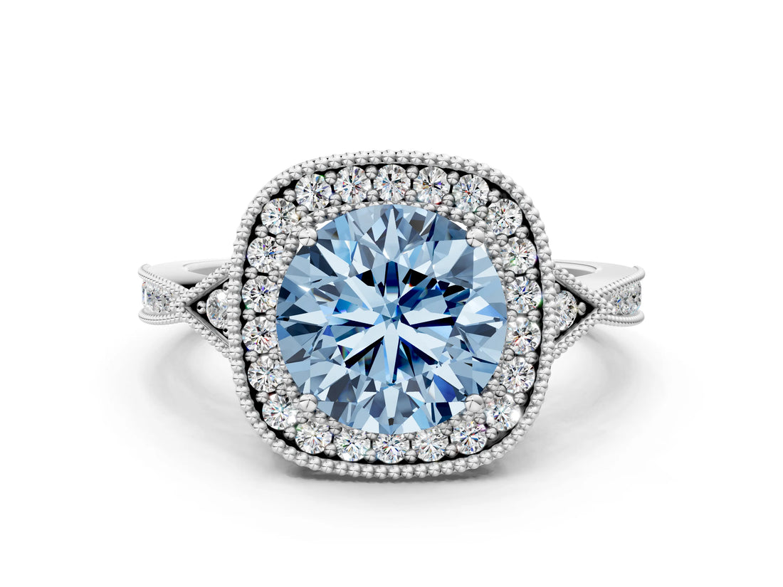 White gold Fancy Blue Round  Halo Round Diamond Milgrain Pave Engagement Ring_14