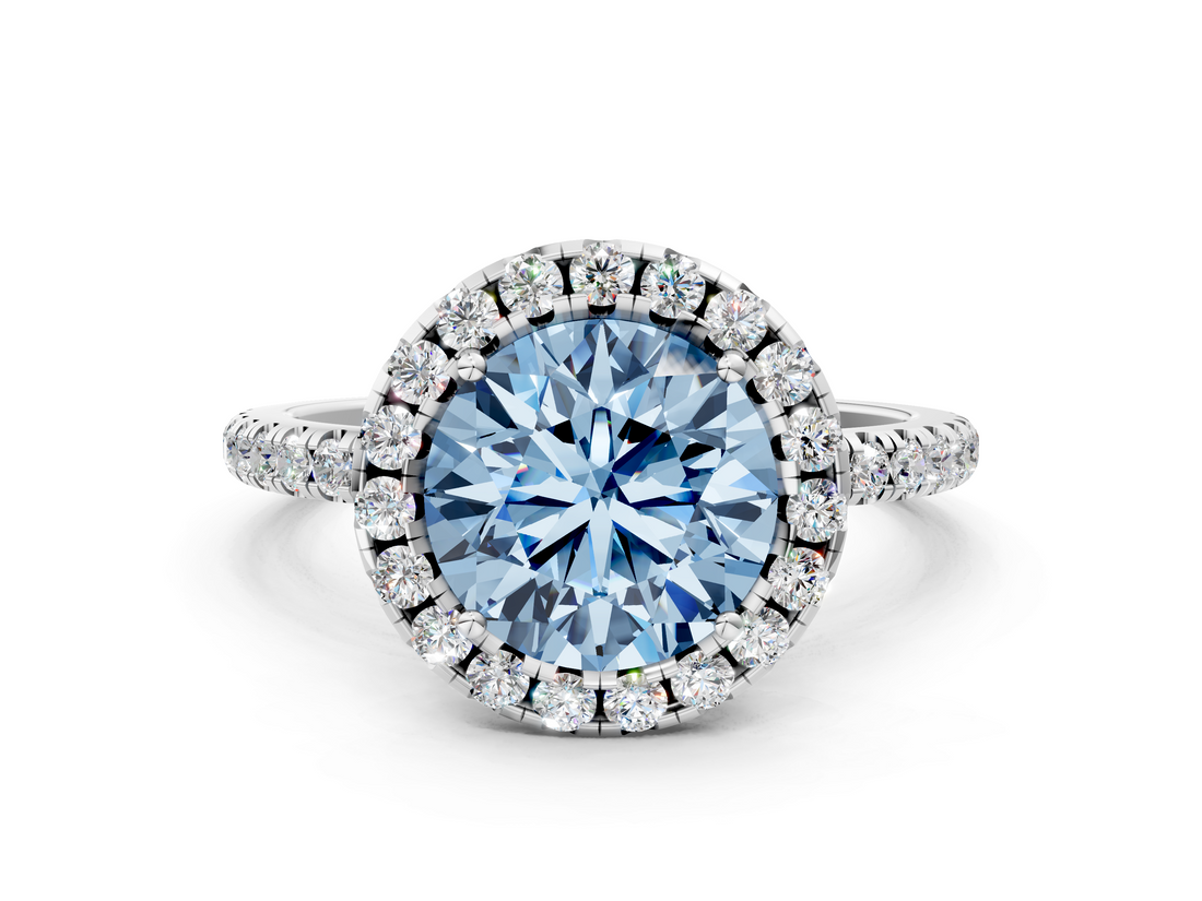 White gold Fancy Blue Round  Halo Round Diamond Pavé Band Four-Prong Ring_3
