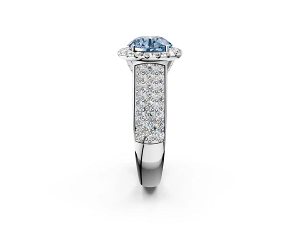 White gold Fancy Blue Round  Halo Round Diamond Pave Band with Prong Setting