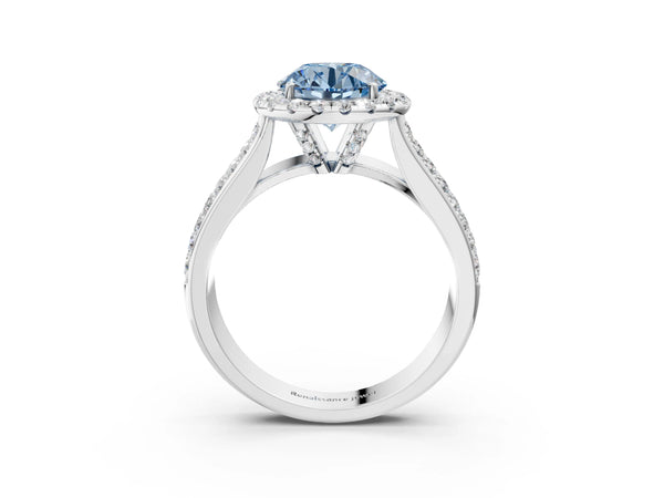White gold Fancy Blue Round  Halo Round Diamond Pave Band with Prong Setting