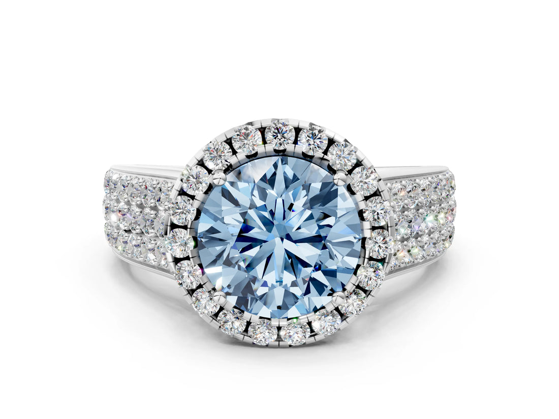 White gold Fancy Blue Round  Halo Round Diamond Pave Band with Prong Setting_30