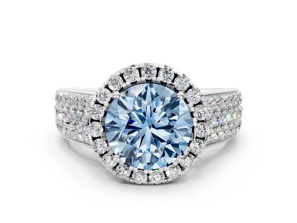 White gold Fancy Blue Round  Halo Round Diamond Pave Band with Prong Setting