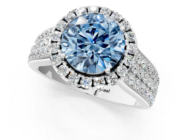 White gold Fancy Blue Round  Halo Round Diamond Pave Band with Prong Setting