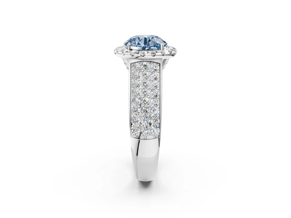 White gold Fancy Blue Round  Halo Round Diamond Pave Band with Prong Setting