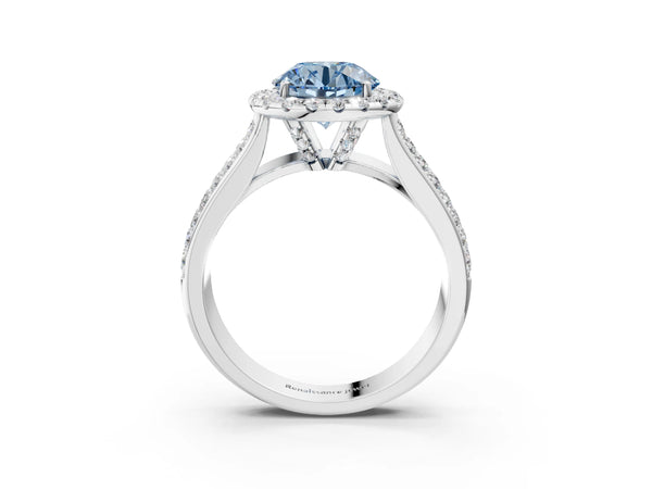White gold Fancy Blue Round  Halo Round Diamond Pave Band with Prong Setting