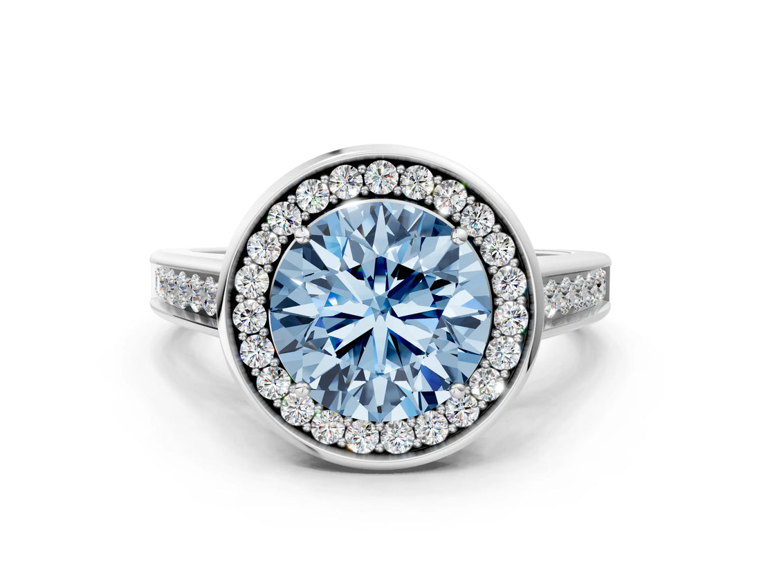 White gold Fancy Blue Round  Halo Solitaire Diamond Ring with Pave Band and Bezel Setting_49