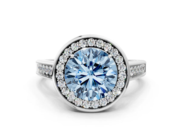 White gold Fancy Blue Round  Halo Solitaire Diamond Ring with Pave Band and Bezel Setting