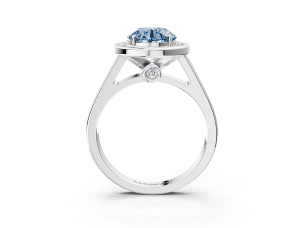 White gold Fancy Blue Round  Halo Solitaire Diamond Ring with Pave Band and Bezel Setting