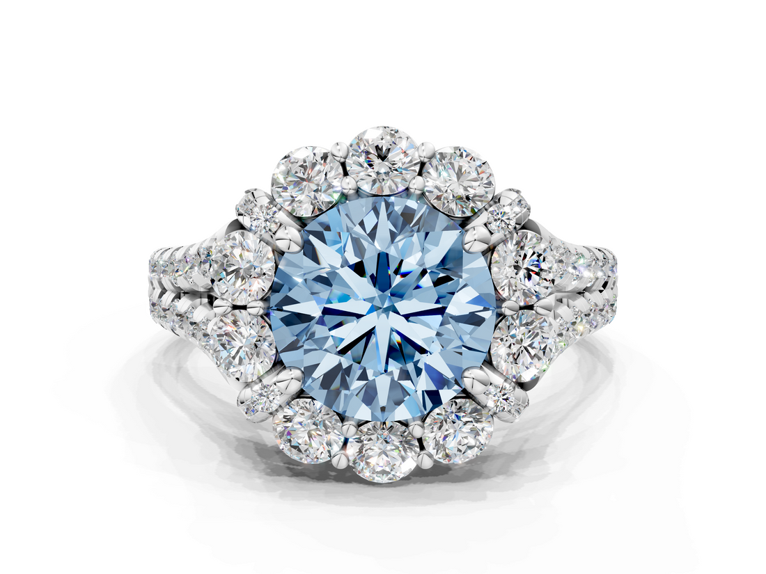 White gold Fancy Blue Round  Halo Split Shank Diamond Engagement Ring with Pave Band and Four-Prong Setting_53