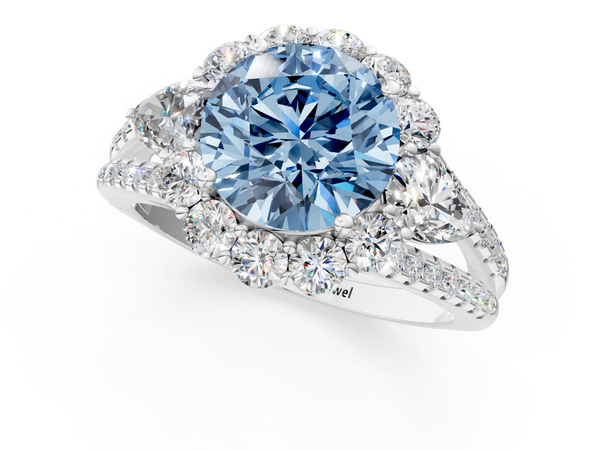 Platinum Fancy Blue Round  Halo Split Shank Diamond Engagement Ring with Prong Setting