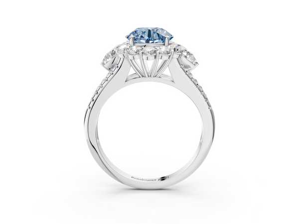 Platinum Fancy Blue Round  Halo Split Shank Diamond Engagement Ring with Prong Setting