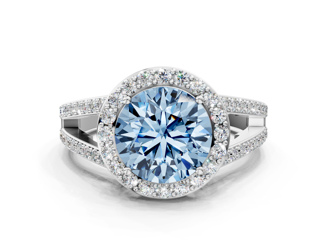 White gold Fancy Blue Round  Halo Split Shank Diamond Ring with Four-Prong Setting_32
