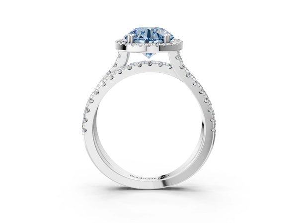 Platinum Fancy Blue Round  Halo Split Shank Diamond Ring with Pavé Setting