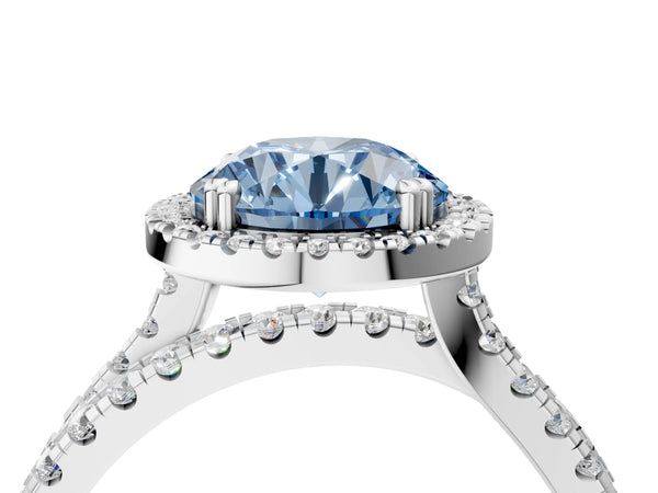 Platinum Fancy Blue Round  Halo Split Shank Diamond Ring with Pavé Setting