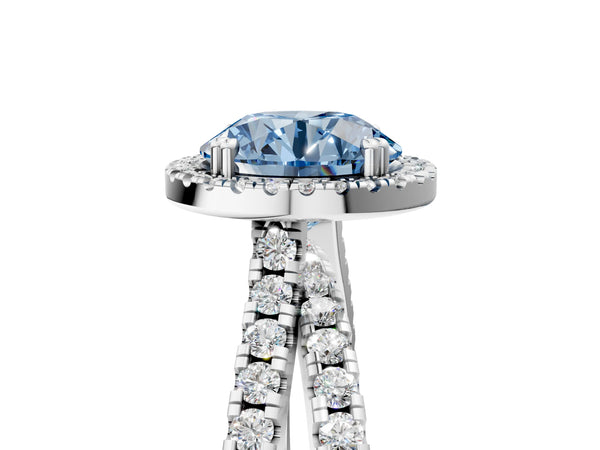 Platinum Fancy Blue Round  Halo Split Shank Diamond Ring with Pavé Setting