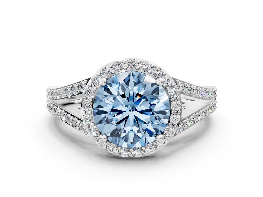 White gold Fancy Blue Round  Halo Split Shank Diamond Ring with Prong Setting_20