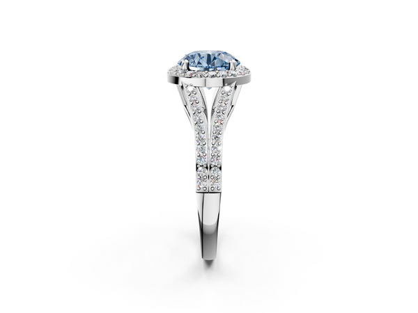 Platinum Fancy Blue Round  Halo Split Shank Diamond Ring with Prong Setting