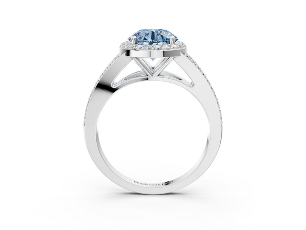Platinum Fancy Blue Round  Halo Split Shank Diamond Ring with Prong Setting