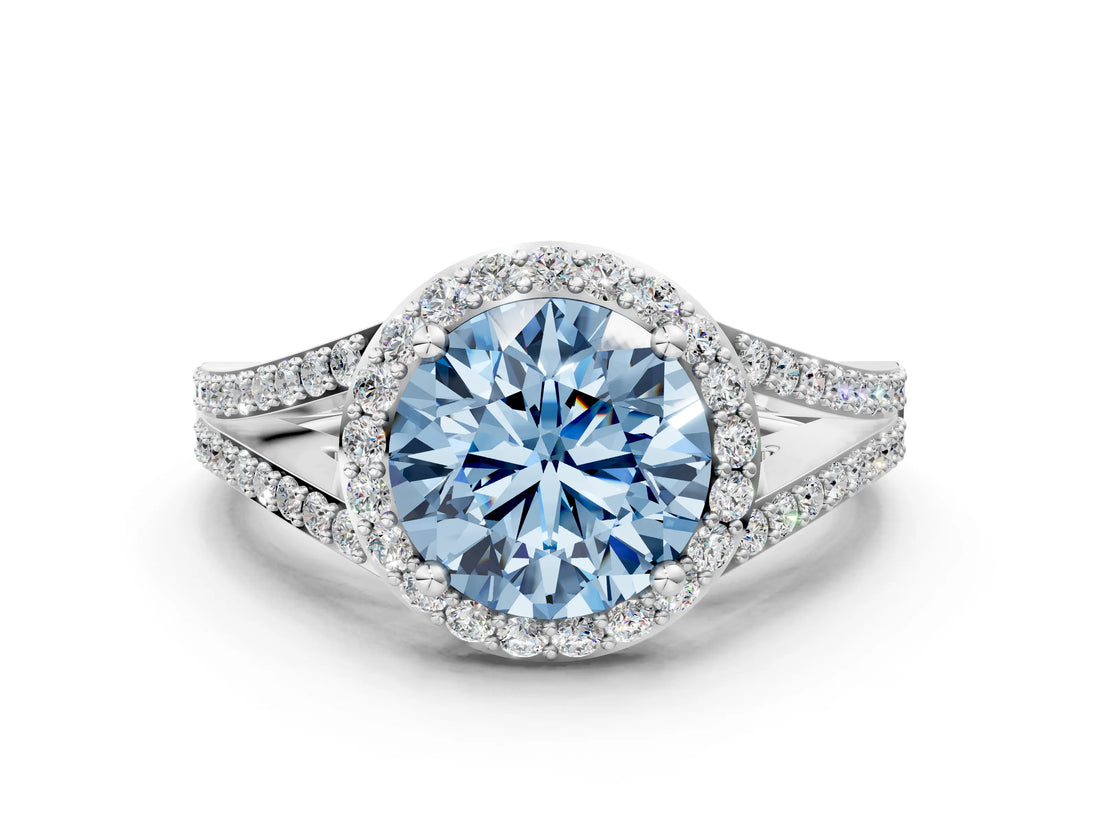 White gold Fancy Blue Round  Halo Split Shank Pave Diamond Ring with Four-Prong Setting_49