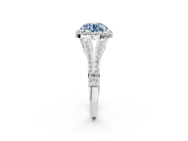 Platinum Fancy Blue Round  Halo Split Shank Pave Diamond Ring with Four-Prong Setting