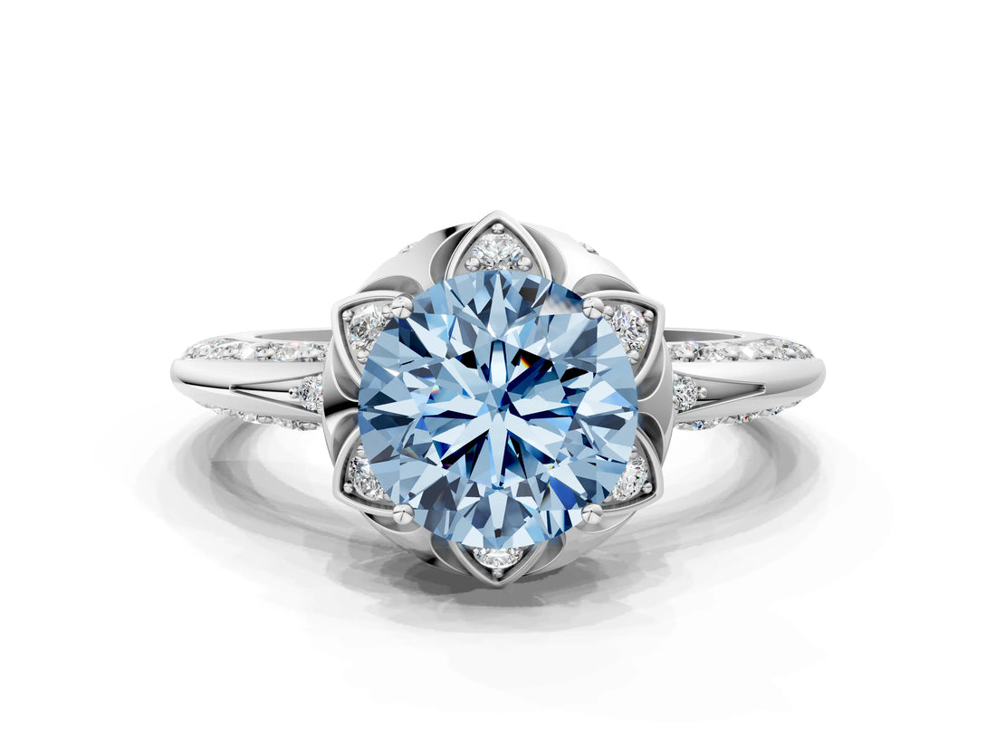 White gold Fancy Blue Round  Halo Split Shank Pave Diamond Ring with Petal Prong Setting_32