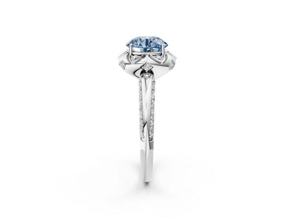 Platinum Fancy Blue Round  Halo Split Shank Pave Diamond Ring with Petal Prong Setting