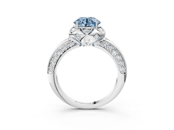 Platinum Fancy Blue Round  Halo Split Shank Pave Diamond Ring with Petal Prong Setting
